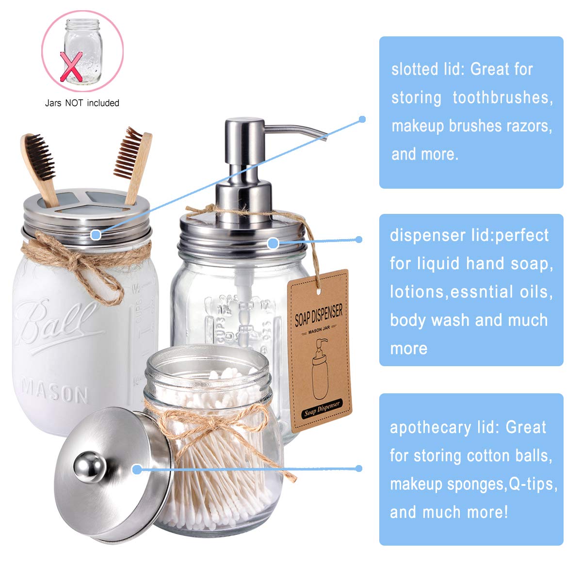 Mason Jar Bathroom Accessories Lids Set(4Pcs) -Jars Not Included -Soap Dispenser,Toothbrush Holder,And Apothecary Storage Jars L